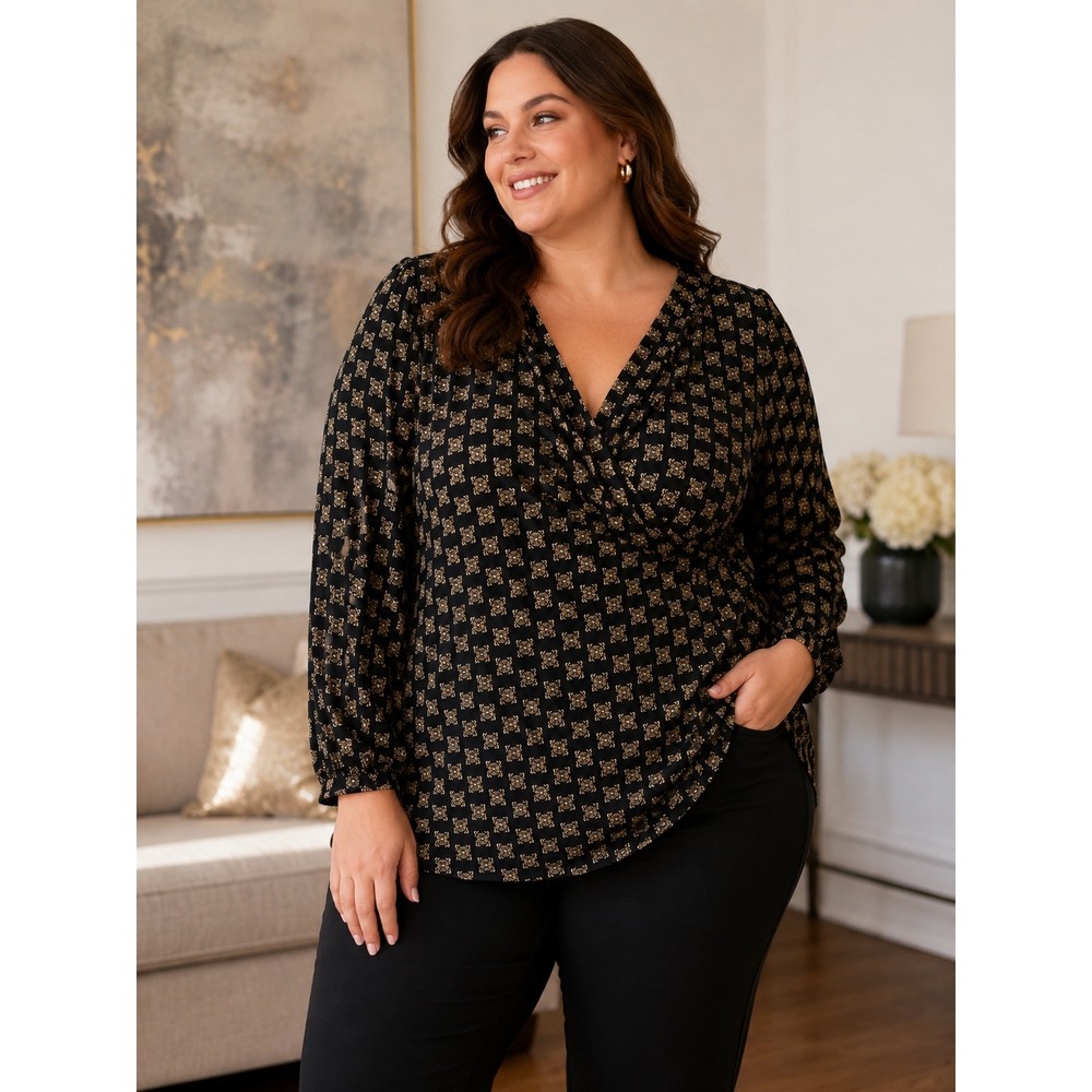 Lane Bryant Womens Plus 26/28 Black Gold Medallion Surplice V-Neck Blouse NWT